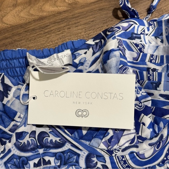 Caroline Constas NWT Medium Blue White Floral Sweatheart Midi Dress Boho Resort - Picture 6 of 7